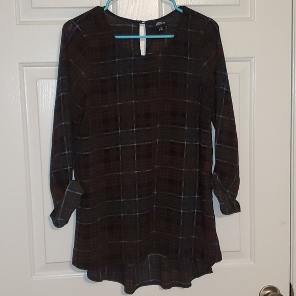 Burgundy, teal, black plaid tunic - Picture 1 of 5
